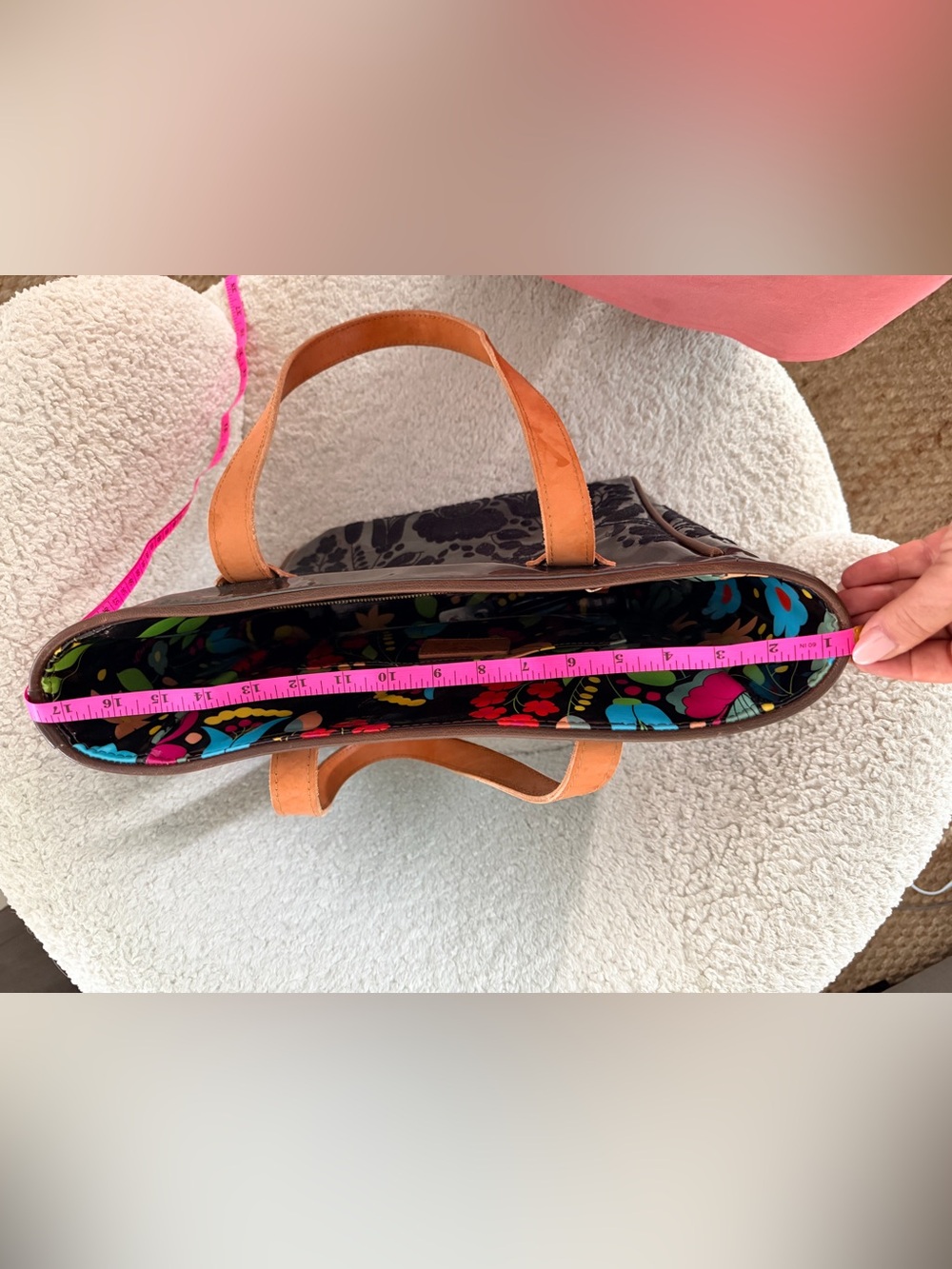 Consuela Black Floral Tote with Tan Leather Handles - Picture 8 of 10